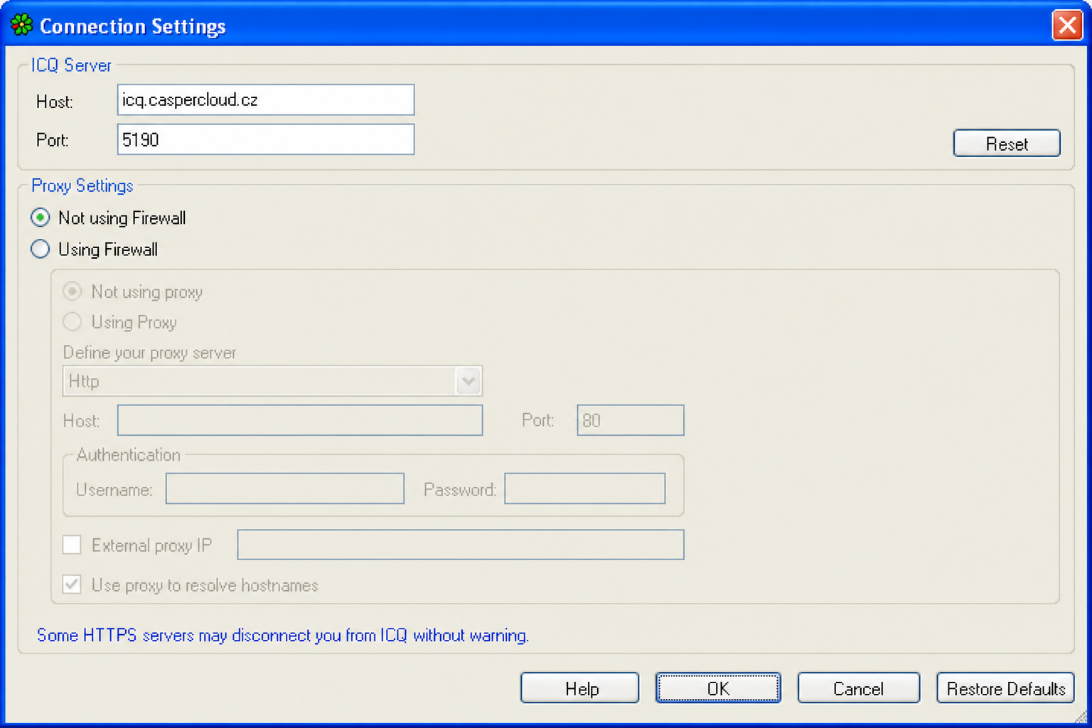 Connection Settings — host icq.caspercloud.cz port 5190
