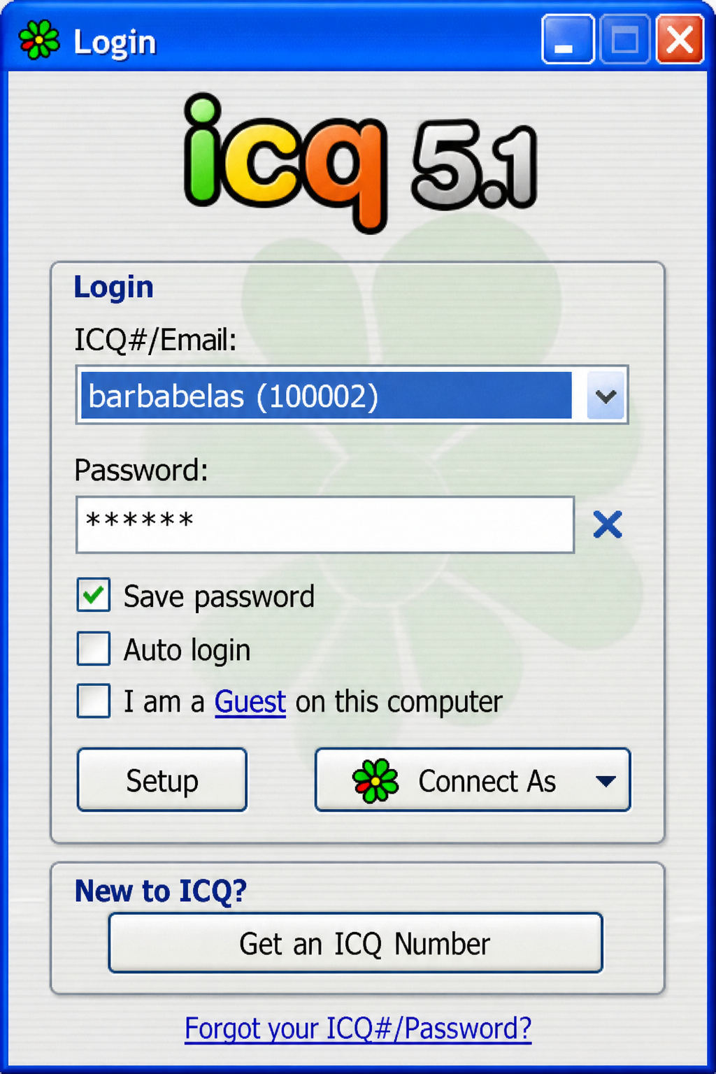 ICQ 5.1 Login — tlačítko Setup vlevo dole